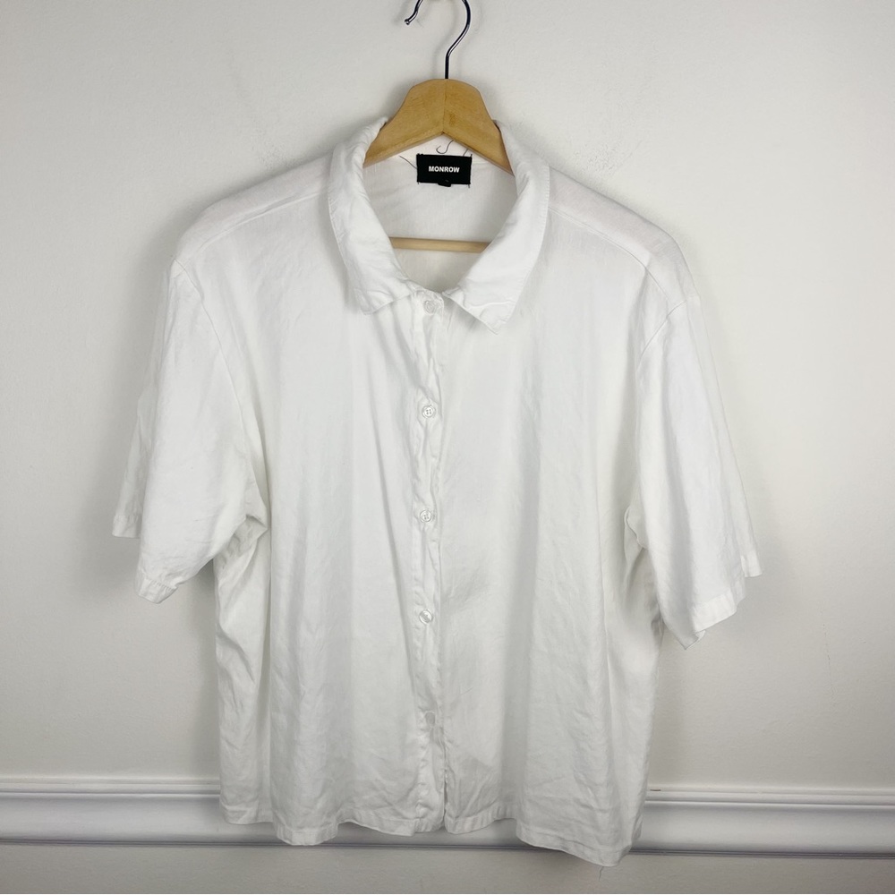 Monrow Linen‎ Blend Vacation Button Up White Shirt Size XL boxy fit